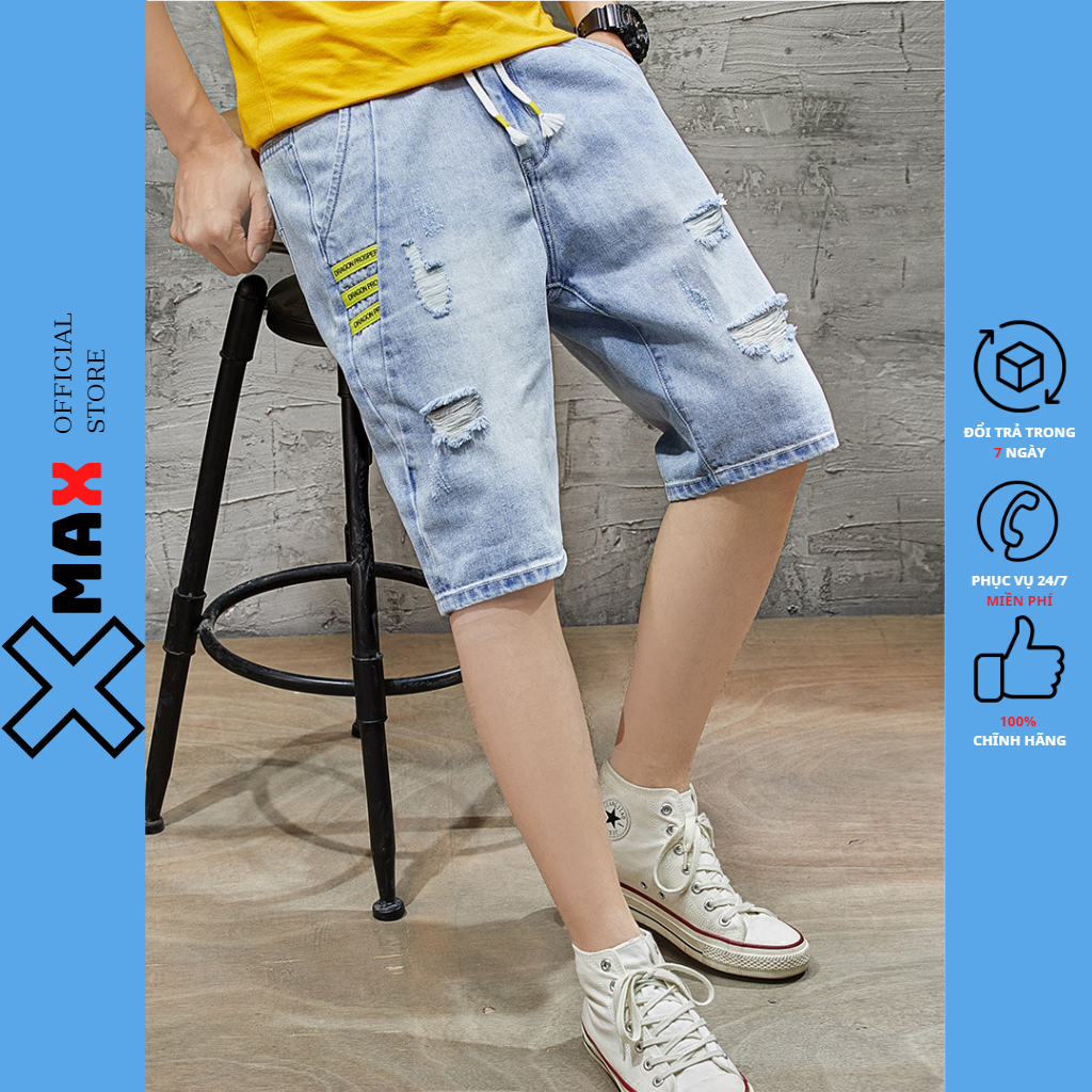 Quần short jean nam XMAX rách đùi phong cách hàn quốc, quần đùi bò nam cạp chun có dây buộc chất co dãn thoải mái B017