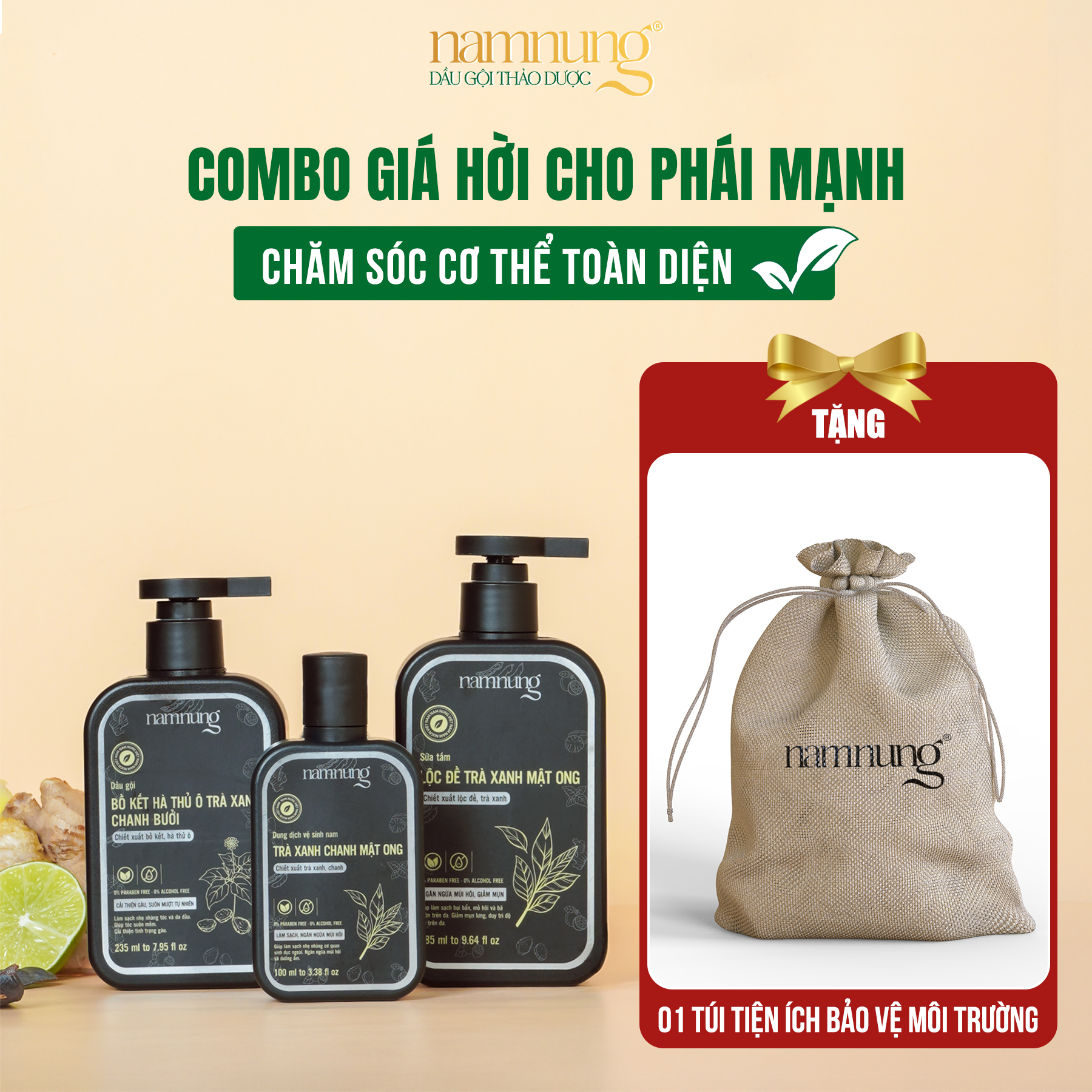 (Mua 1 tặng 1) Mua combo dầu gội, sữa tắm và dung dịch vệ sinh thảo dượᴄ NAM NUNG phiên bản dành cho nam tặng 1 túi tiện ích bảo vệ môi trường