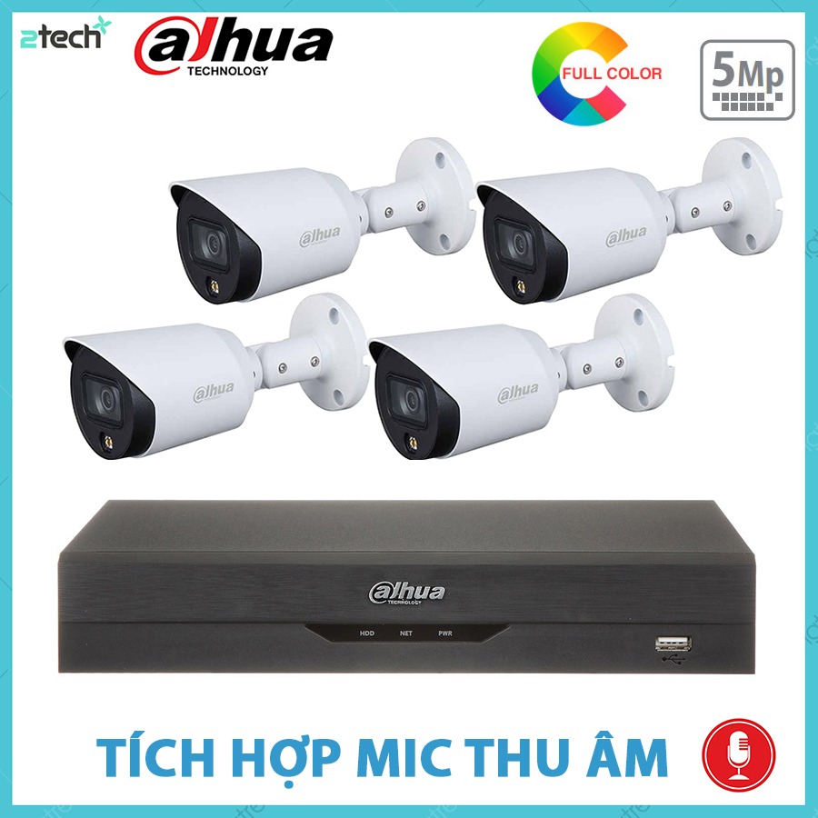 Bộ Camera Giám Sát 4 Kênh Dahua 5.0MP Có Màu Ban Đêm, Tích Hợp Mic Thu Âm, Đầy Đủ Phụ Kiện Lắp Đặt