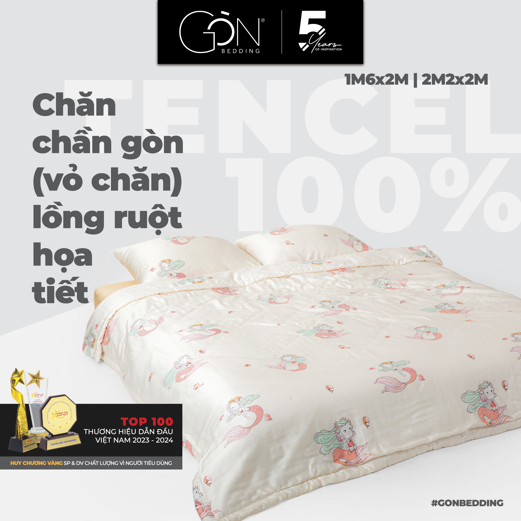 Vỏ chăn lồng ruột, chăn chần gòn lụa tencel 60s gòn bedding 2mx2m2 hoạ tiết cao cấp