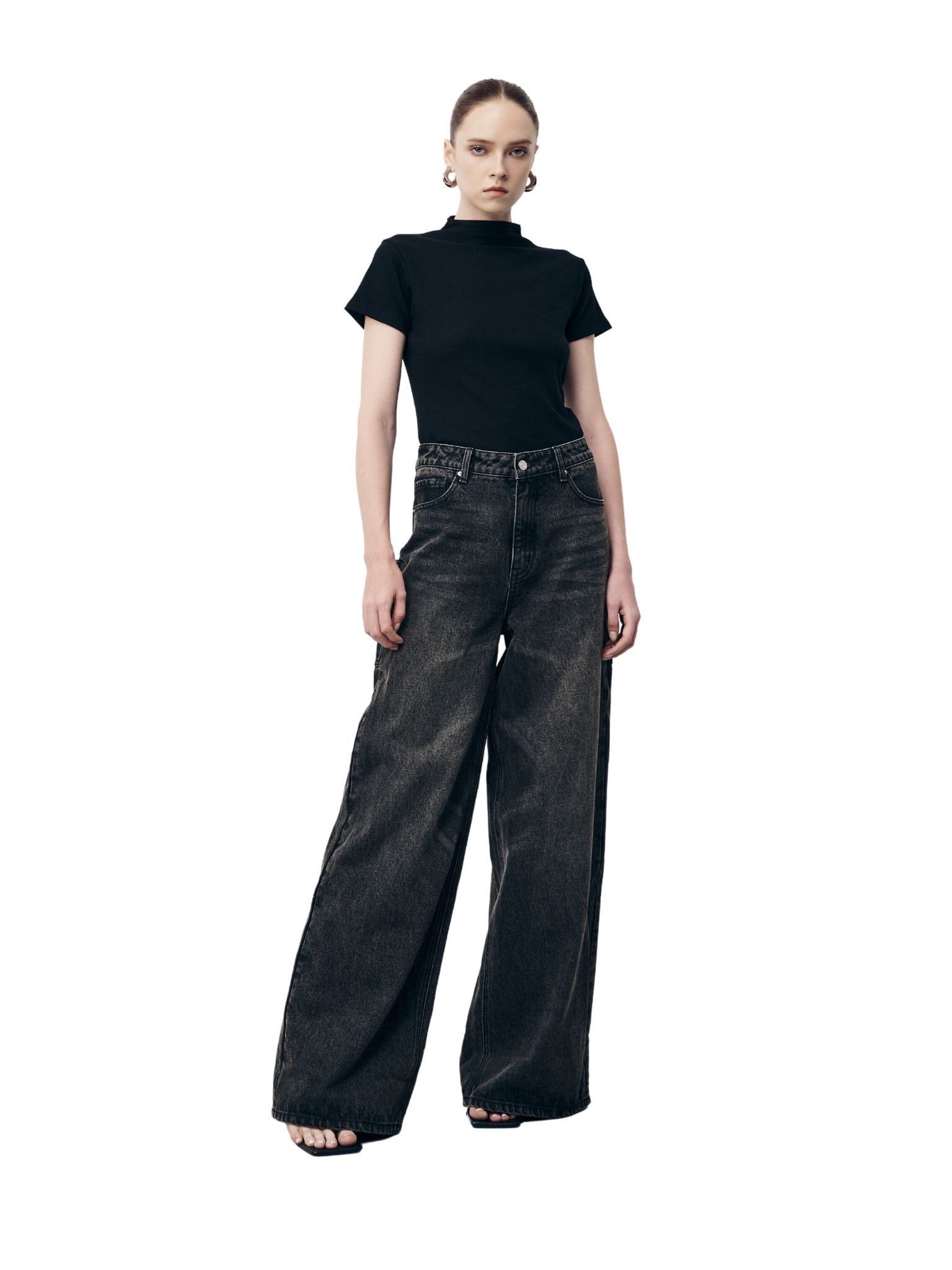 Quần jeans nữ ống rộng form eo cạp thấp dưới rốn - là min - dark grey loose fit jeans