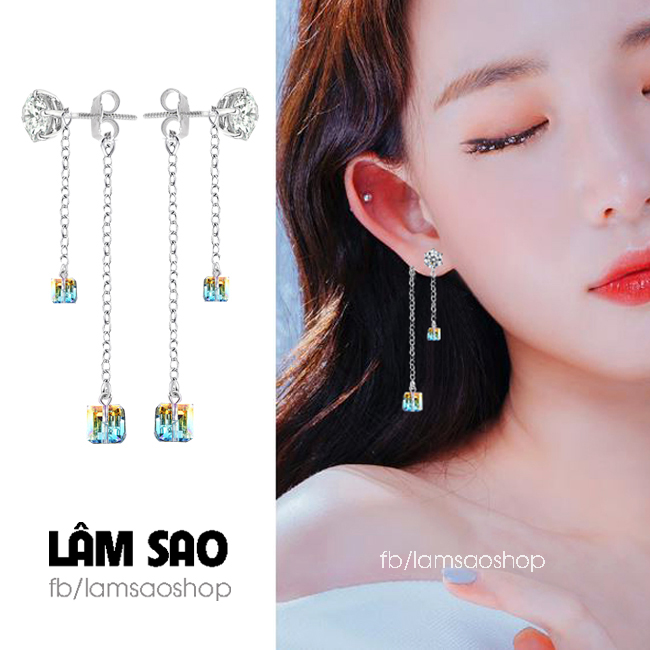 Bông Tai Nữ Khuyên Dài Đính Đá Pha Lê Vuông 2 Tầng Sawarovski Áo Cao Cấp - LamSaoShop