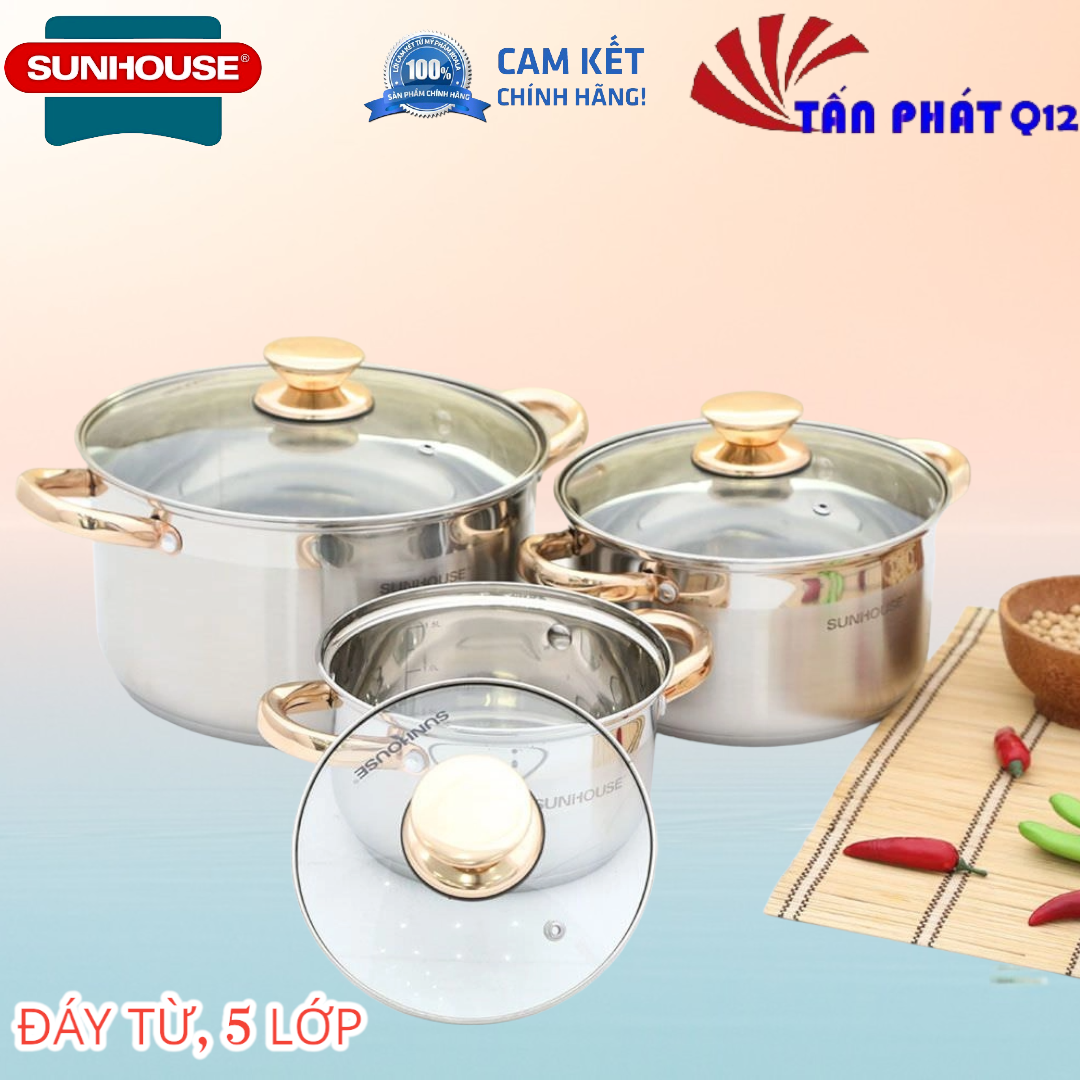 [HCM]BỘ NỒI INOX 5 ĐÁY SUNHOUSE SH781 (quai vàng) hoặc SH788 (quai trắng)  inox 5 đáy