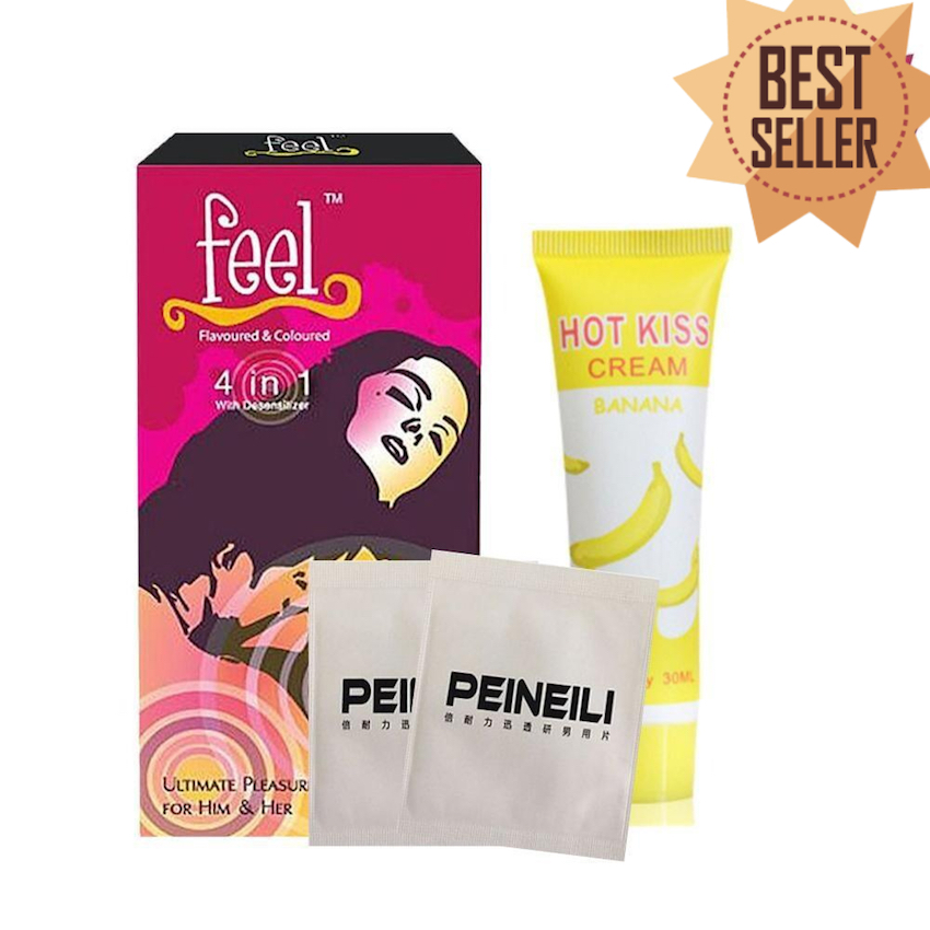 [HCM][Combo tiết kiệm] Bao cao su Feel 4in1 12s kéo dài thời gian tặng kèm khăn peineili 2 chiếc 40k với gel bôi trơn Hotkiss chuối 30ml 40k - 1 set