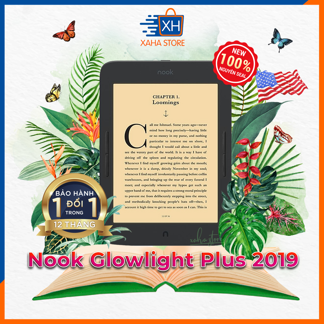 Máy đọc sách Nook Glowlight Plus 2019 đèn vàng 7.8 inch 300ppi 8GB màu đen