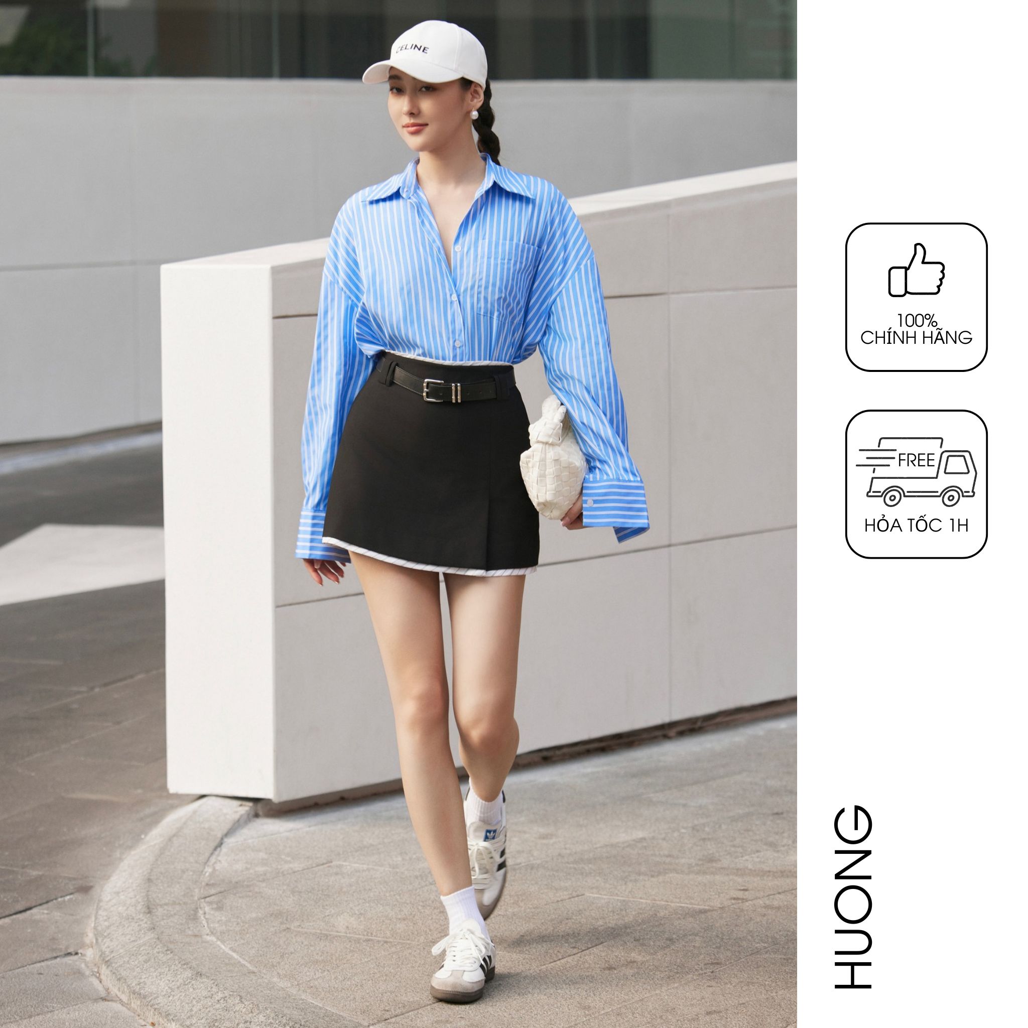 [ Nhập LAZSOCIAL33 giảm 15% tối đa 100K] Áo sơ mi kẻ tăm xanh oversize HUONG BOUTIQUE BSSM50