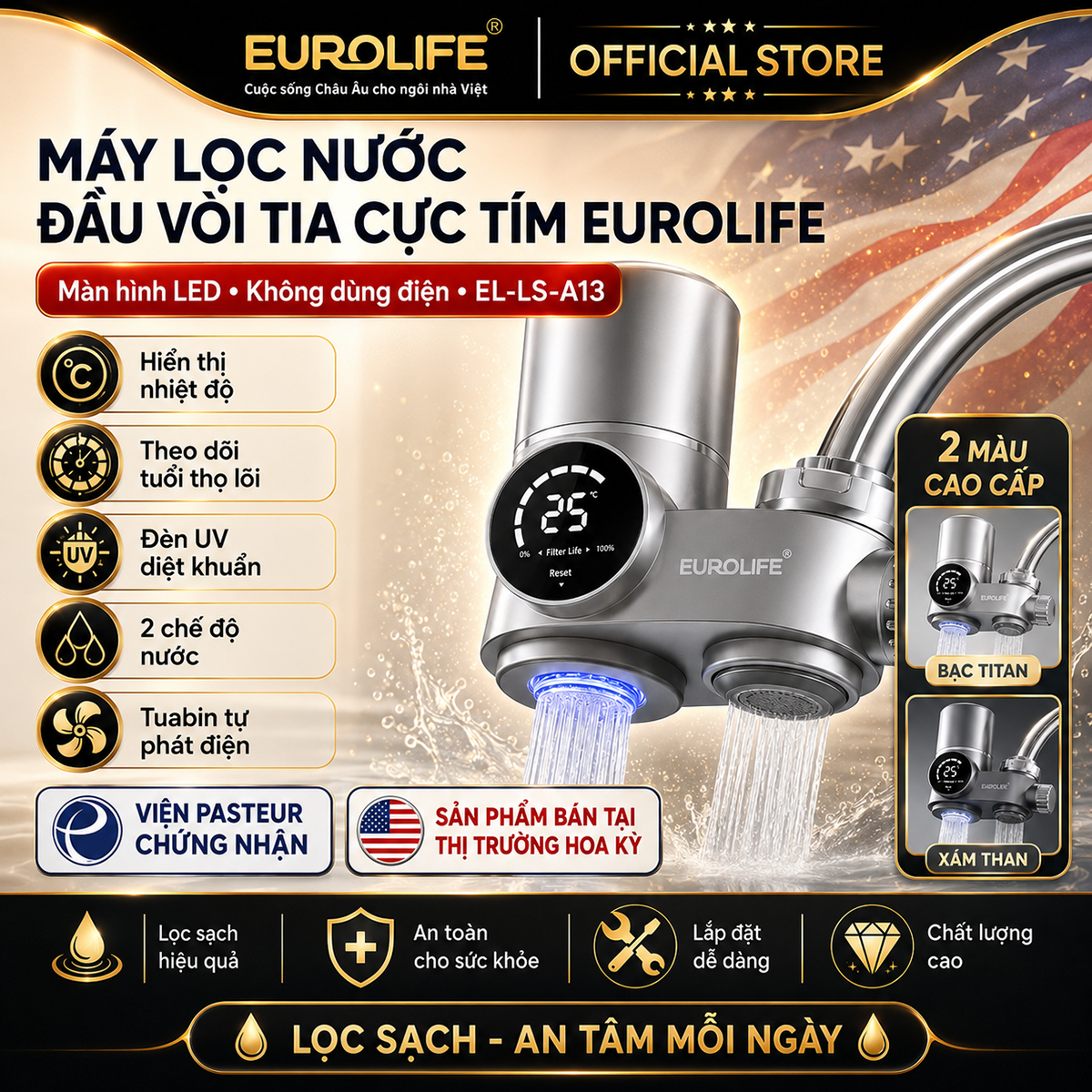 (Sản phẩm bán tại Mỹ) Máy lọc nước đầu vòi màn hình LED, tia UV khử khuẩn Eurolife EL-LS-A13 (Xám, Trắng)