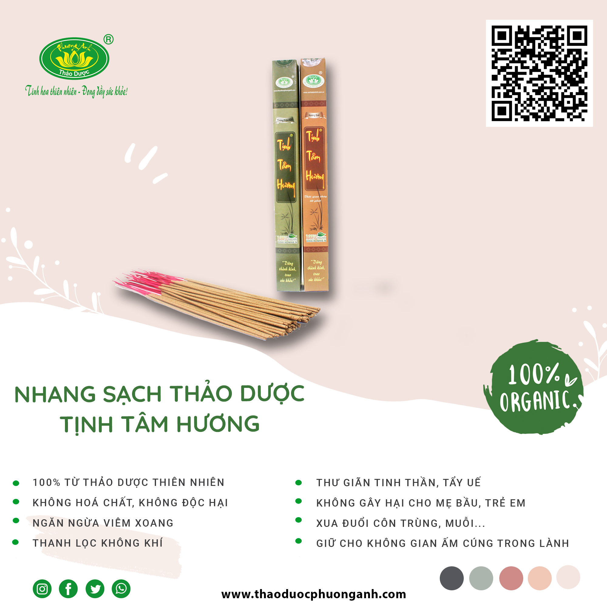 Nhang thảo dược Tịnh Tâm Hương 4 tấc 100/200 cây hương Trầm Bắc/Quế thời gian cháy 60 phút của Thảo Dược Phương Anh