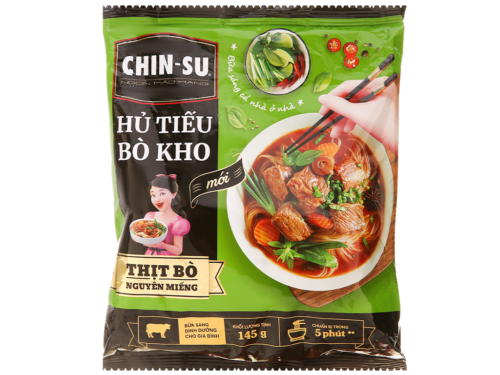 Combo 5 gói CHINSU Hủ tiếu bò kho thịt bò nguyên miếng ( gói 145gr )