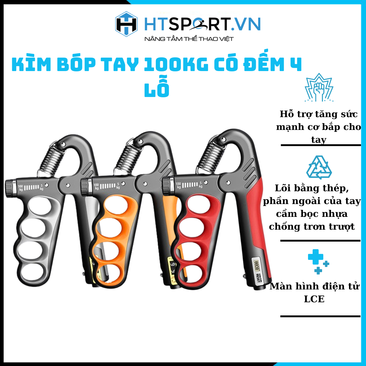 Kìm Bóp Tay 100KG Có Đếm 4 Lỗ, Dụng Cụ Tập Cơ Tay Điều Chỉnh Lực 5 - 100kg Có Bộ Đếm Số Cơ, Đếm Số Điện Tử