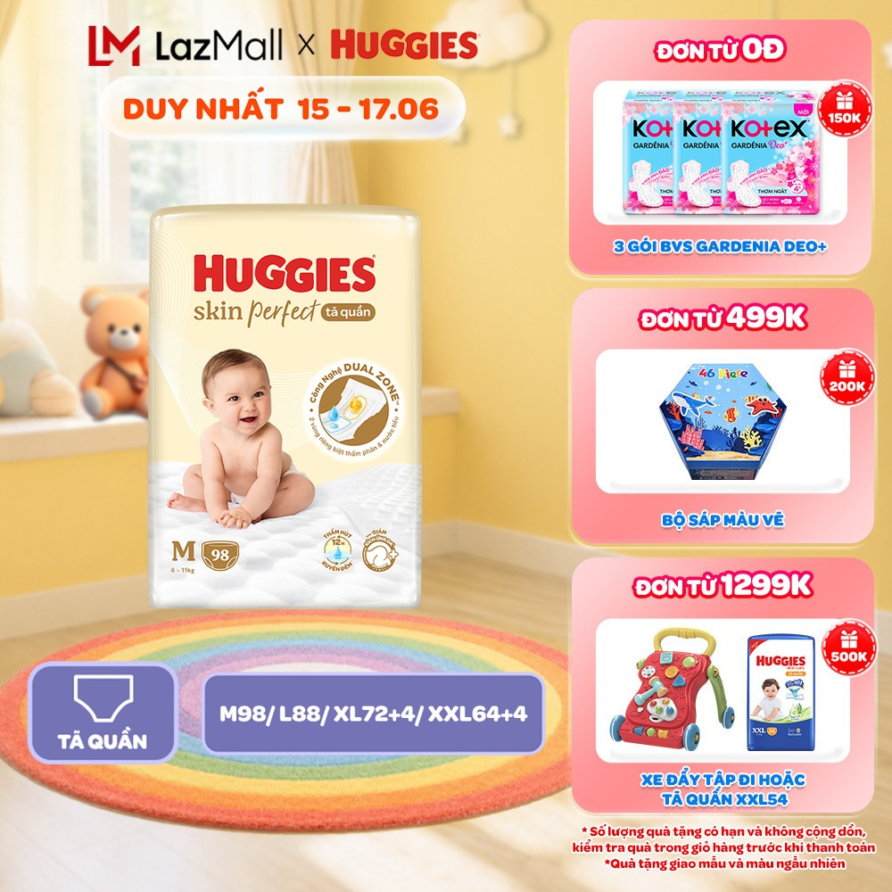 Tã quần Huggies Skin Perfect Mega Jumbo M98/L88/XL72+4/XXL64+4 miếng với 2 vùng thấm giảm kích ứng da