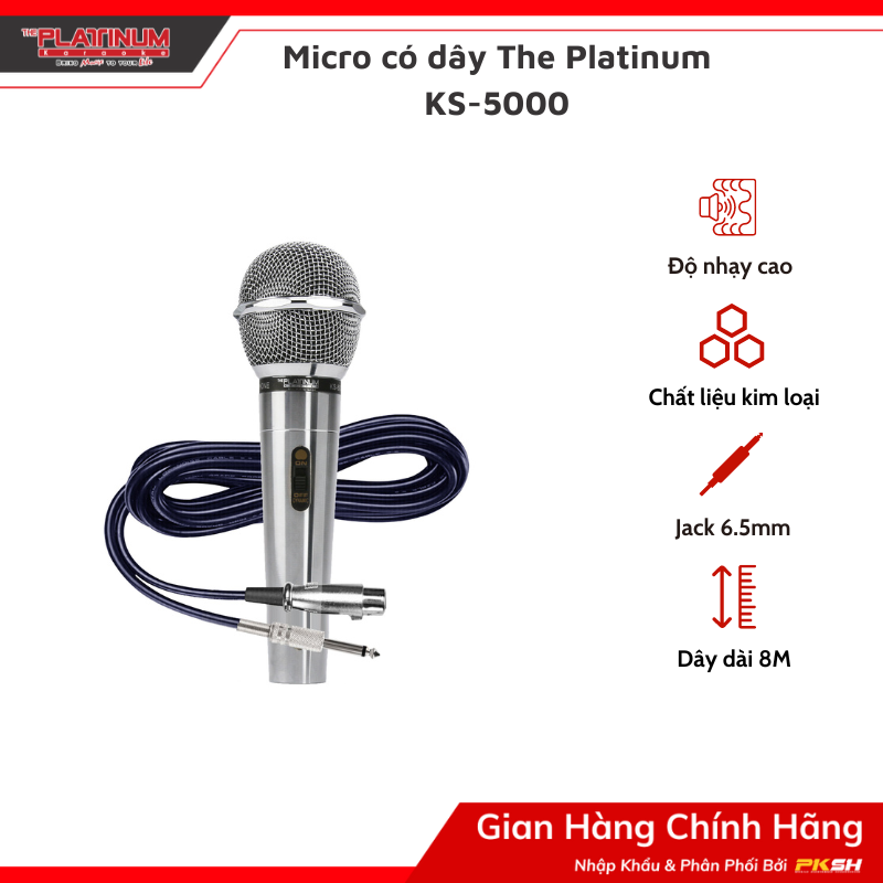 Micro có dây Platinum KS-5000 - Micro karaoke có dây - Micro có dây dài 8m - Âm thanh mượt mà - Bảo hành chính hãng 12 tháng - Hàng chính hãng