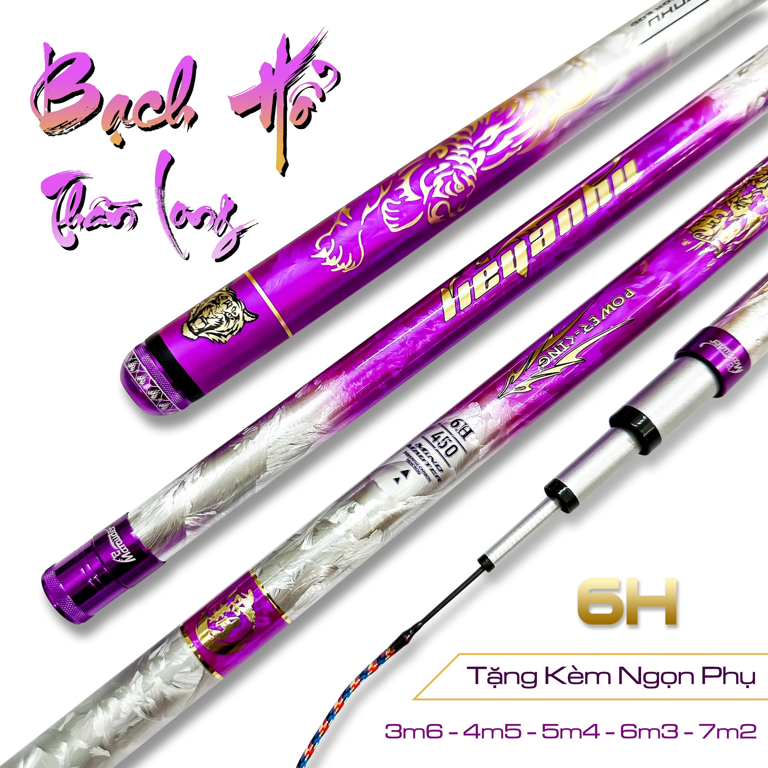 Cần cây tay, câu đơn câu đài Bạch Hổ Thần Long 6h tặng kèm ngọn phụ zin