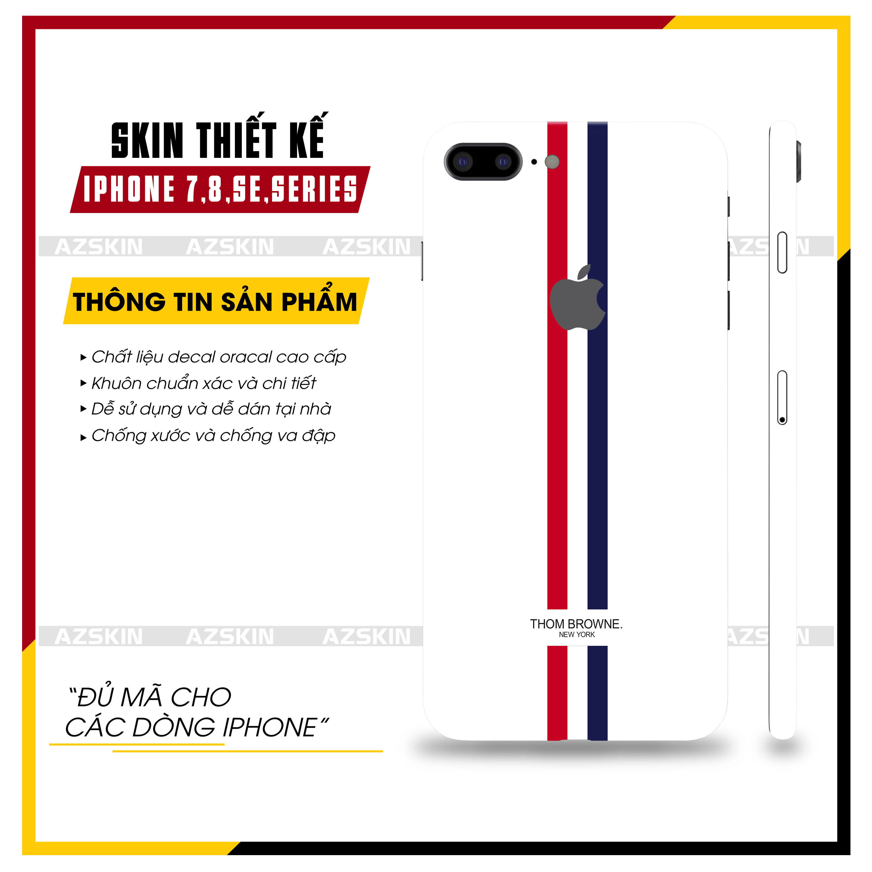 Miếng dán skin thom browne trắng iphone 7/7 plus/8/8 plus/se |sk_iplb92| chất liệu nhập khẩu, cắt cnc, dán lưng viền máy