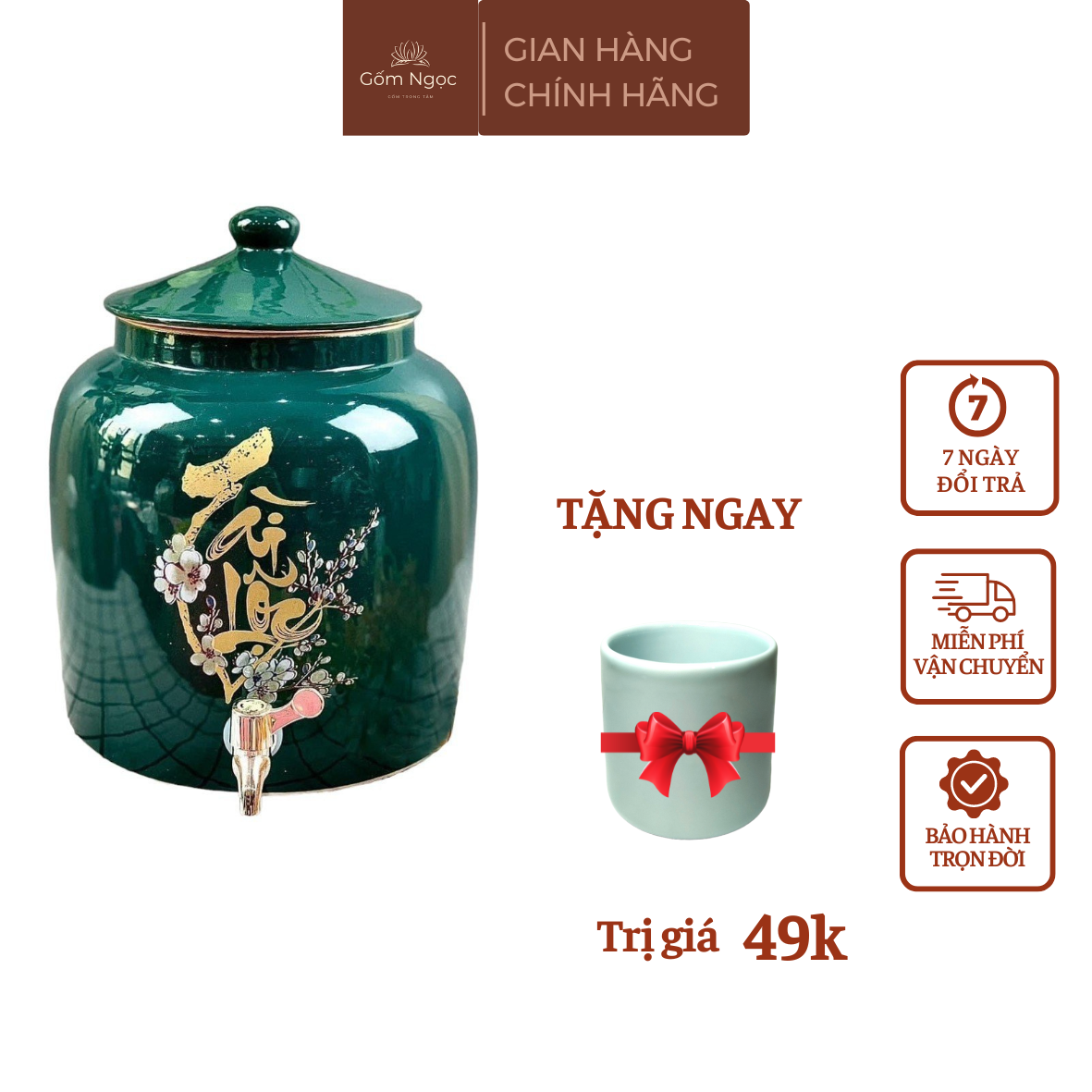 Bình đựng nước có chữ bình an tài lộc bình đựng nước có vòi gốm sứ bát tràng dung tích 5l 8l 10l