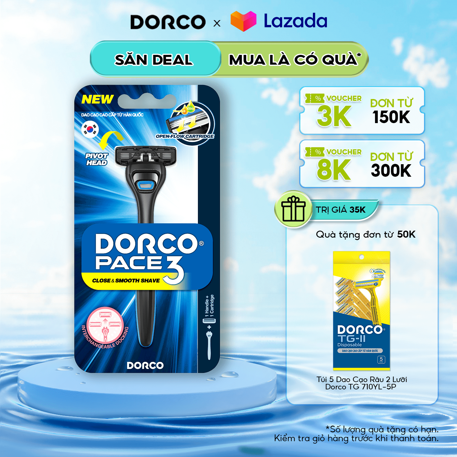 Dao Cạo Râu 3 Lưỡi Dorco Pace 3 Kèm Quà Tặng Túi 5 Đầu Dao Cạo Dorco 2 Lưỡi