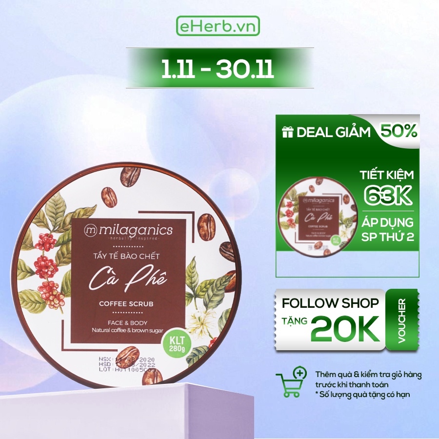【HOT SALE】 Scrub Tẩy Tế Bào Chết Cho Mặt   Toàn Thân Từ Hạt Cà Phê Robusta   Đường Nâu MILAGANICS 280gr (Hũ)
