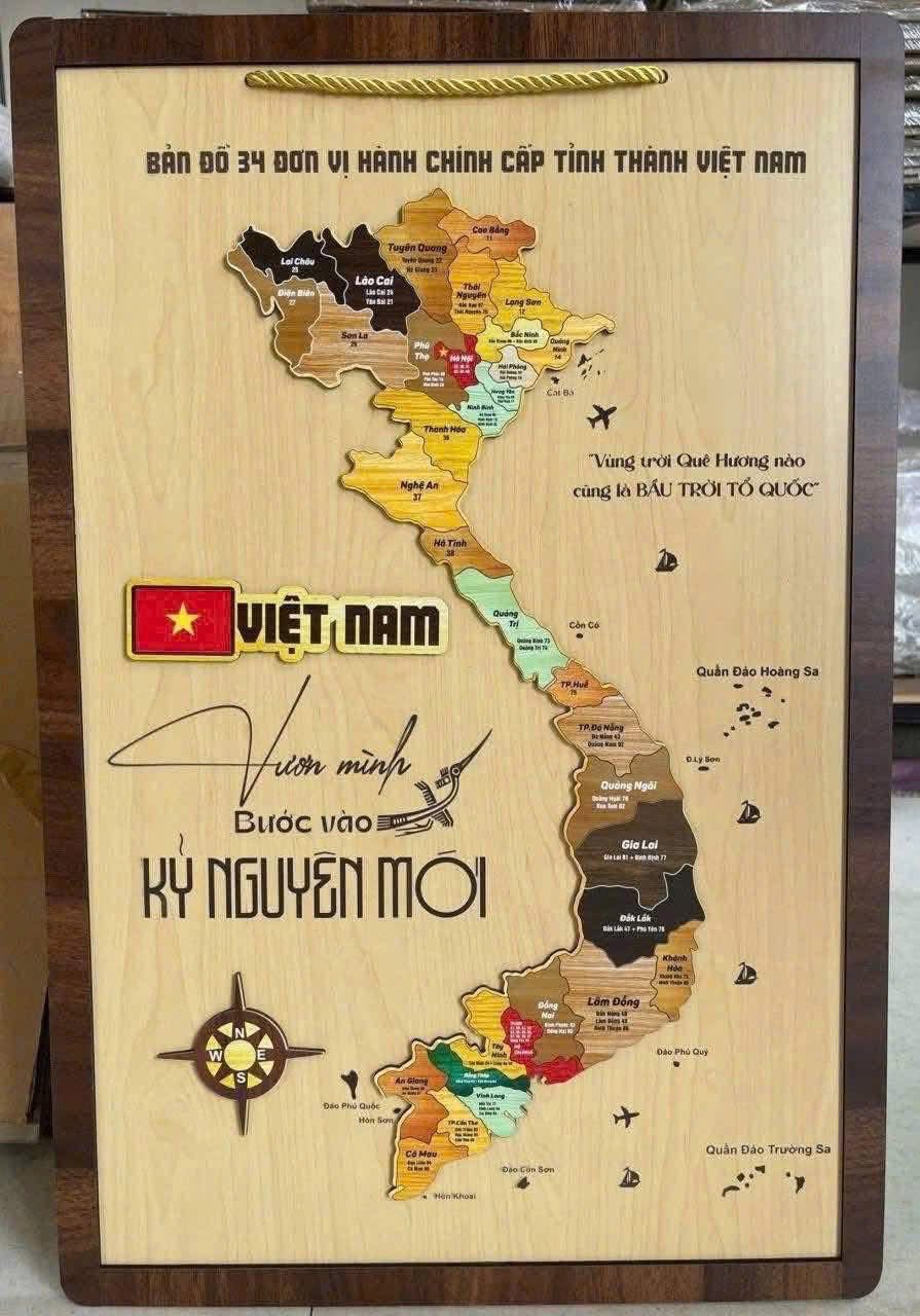 Bản đồ Việt Nam gỗ size đại 60*40cm in nổi 3D 2 lớp mới 34 tỉnh thành đẹp sắc nét trang trí tranh treo tường decor