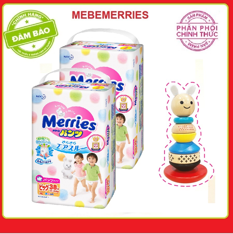 Cắt tem mua 2 tã/bỉm quần merries size xl - 38 miếng - tặng 1 bộ đồ chơi gỗ lật đật hình thỏ