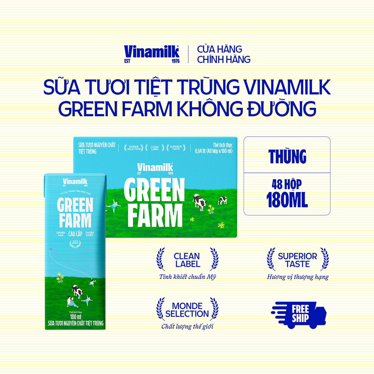 2 Thùng 48 Hộp Sữa Tươi Tiệt Trùng Vinamilk Green Farm Không Đường - Lốc 4 Hộp 180ml