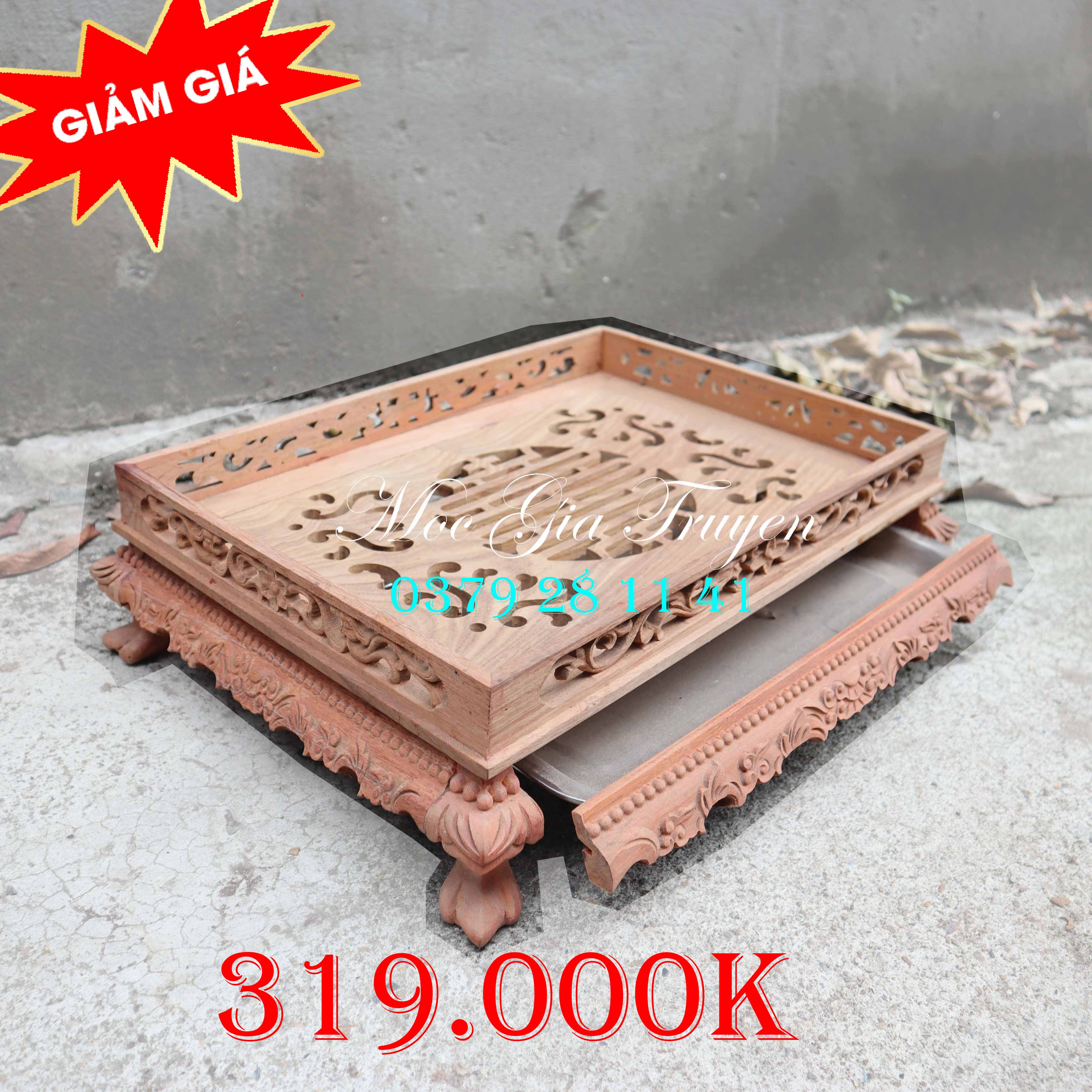 Khay trà phòng khách bàn trà chân quỳ gỗ hương có khay inox