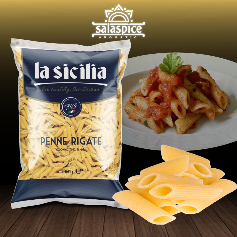 Nui Ống Xéo Penne Rigate La Sicilia nhâp khẩu Ý gói 500gr, dùng chế biến các món pasta ,thấm đẫm sốt thơm ngon