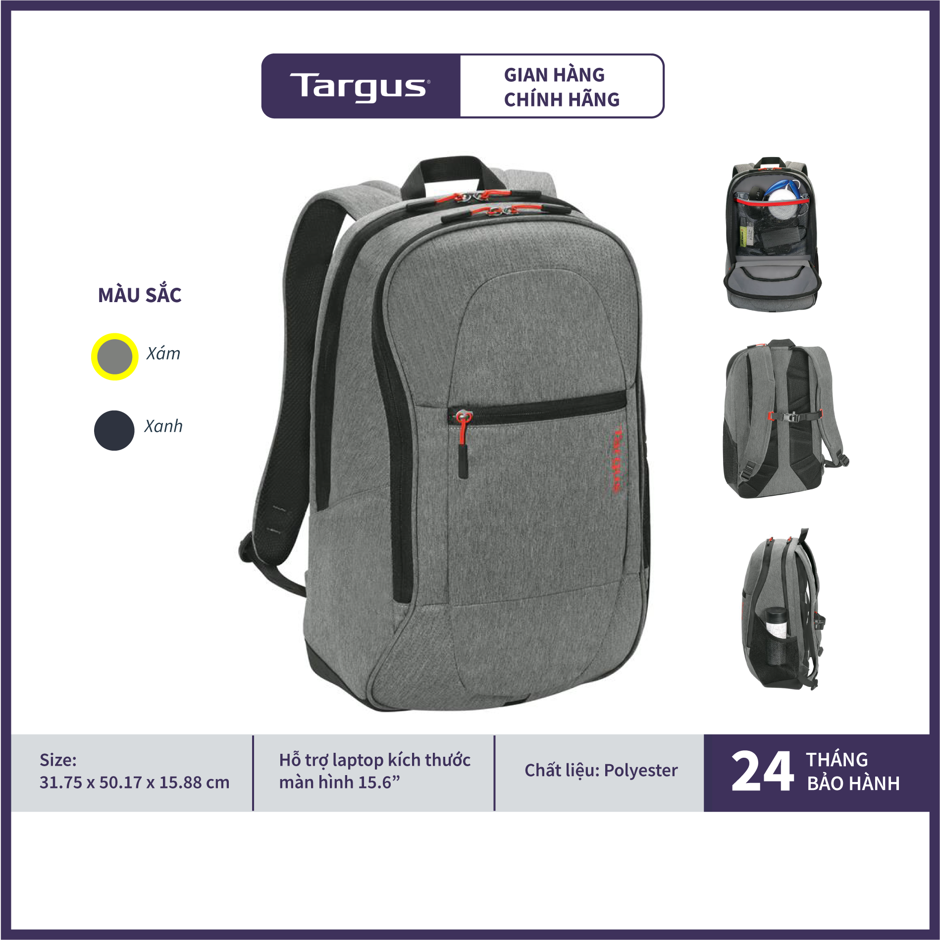 Balo Laptop TARGUS TSB896 Chống Thấm Nước Có Chấm Phản Quang 15.6 inch - Hàng Chính Hãng