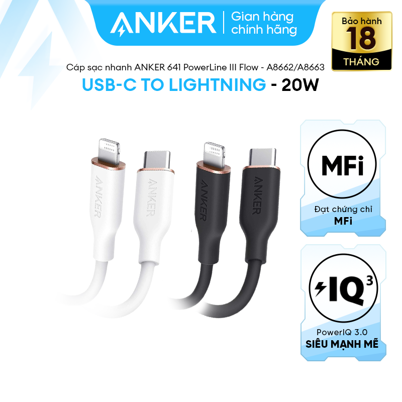  Cáp sạc nhanh Anker 641 USB-C to Lightning PowerLine III Flow - Chất liệu Silicone | Dành cho series iPhone 15 14 113 12 11 X | Đạt chứng nhận MFi bởi Apple | Bền bỉ mềm mại - A8662 A8663 