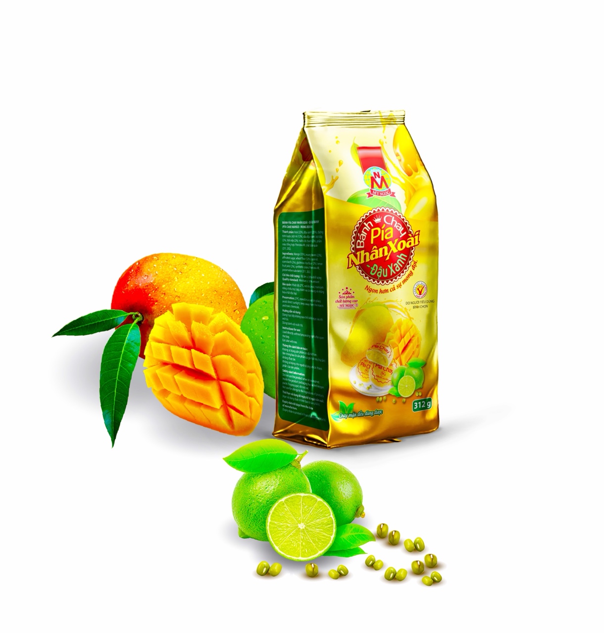 312g 4Bánh PÍA chay XOÀI chín CHANH tươi ĐẬU xanh, KHÔNG trứng muối & SẦU RIÊNG, có vitamin C & A - chất xơ lợi sức khỏe
