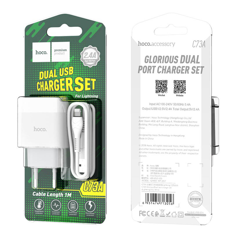Bộ sạc nhanh hoco c73/c73a lightning 2cổng usb 2.4a - bộ cốc cáp sạc - iphone/ipad - bh 12 tháng