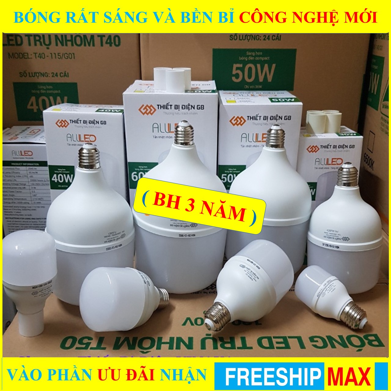 Bóng LED Trụ NHÔM LOẠI XỊN KÍN NƯỚC Siêu Sáng 60W 50W 40W 30W 20W 15W 10W 5W Tiết Kiệm Điện