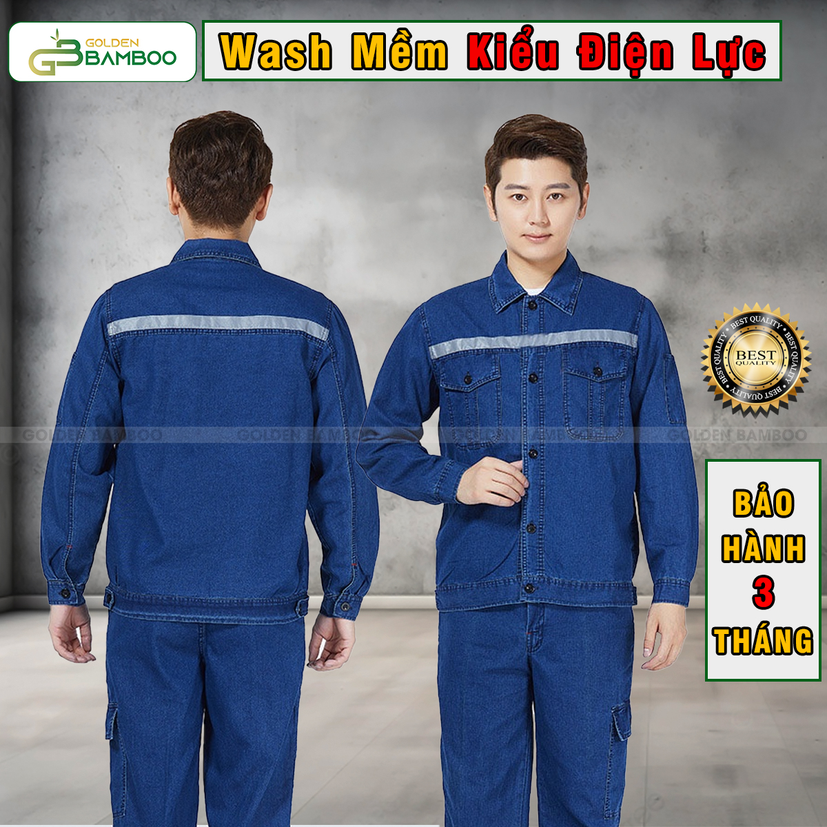 Quần áo jean wash mềm kiểu điện lực golden bamboo vải denim, phản quang tay chân ngực nút nhựa