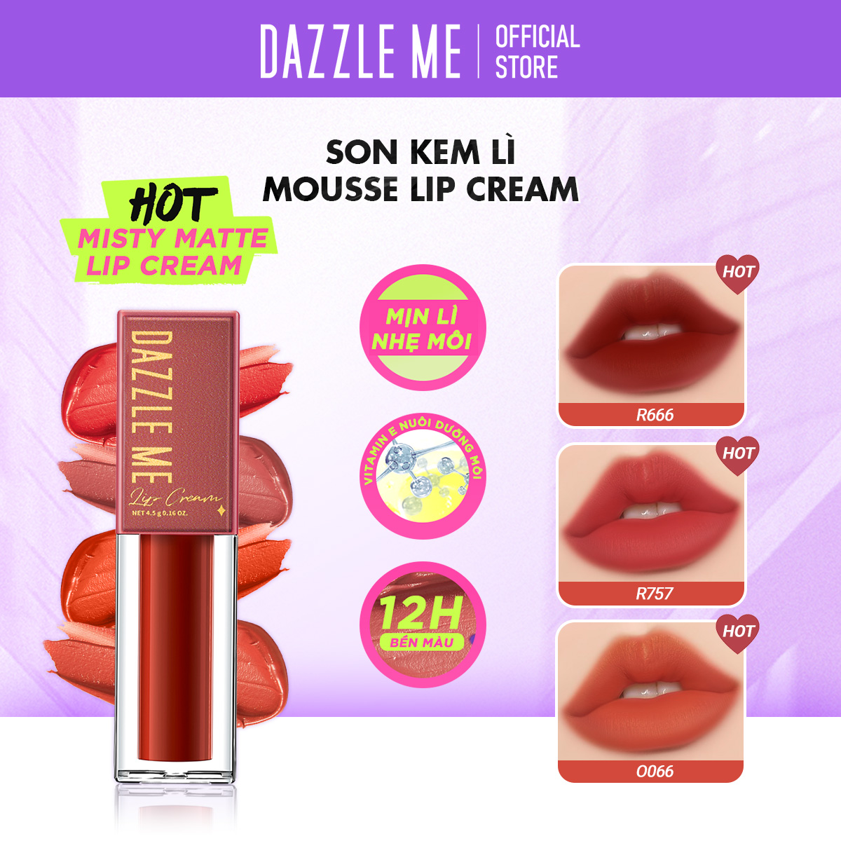  DAZZLE ME Son Kem Lì Siêu Mịn Kháng Nước Lâu Trôi Và Không Làm Khô Môi Mousse Lip Cream 4.5g 