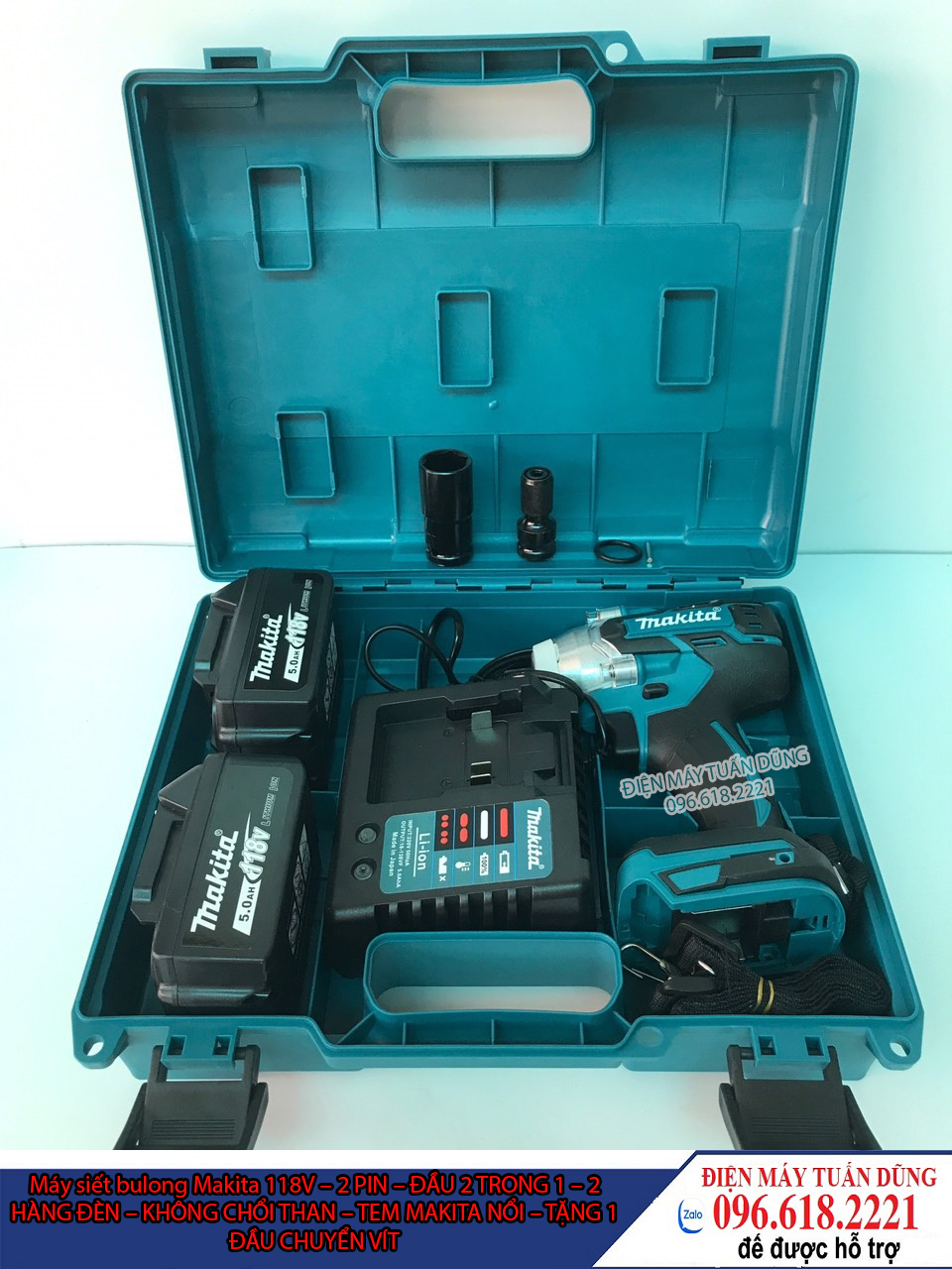 Máy siết bulong Makita 118v - 2 PIN - ĐẦU 2 TRONG 1 - 2 HÀNG ĐÈN - KHÔNG CHỔI THAN - TẶNG 1 ĐẦU CHUYỂN VÍT