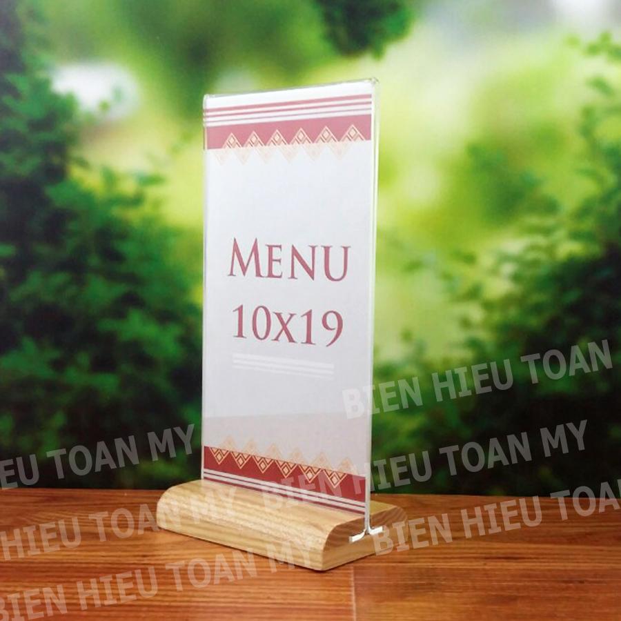 Kệ menu standee  mica đế gỗ kích thước 10x19