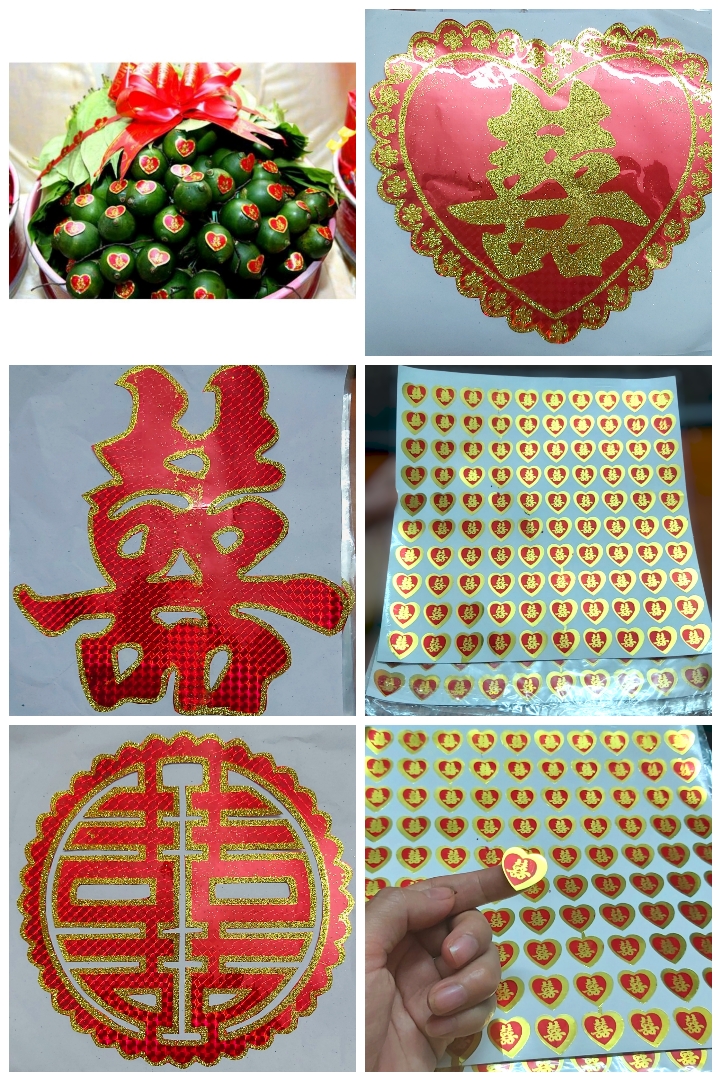 Bộ stickers decal chữ song hỷ dán trầu cau, trái cây, trà
