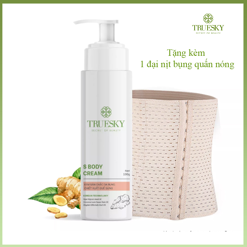 Bộ sản phẩm tan mỡ bụng an toàn và hiệu quả Truesky gồm 1 kem tan mỡ bụng quế gừng 100g + 1 đại nịt bụng quấn nóng
