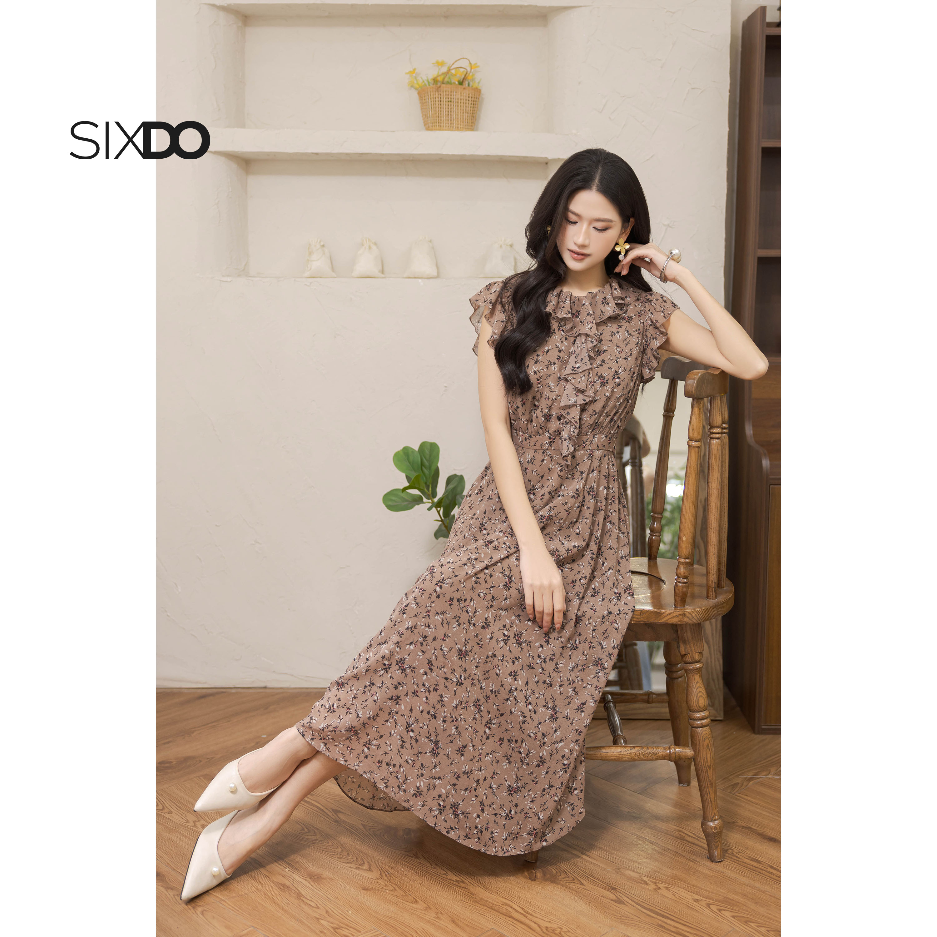  Đầm chiffon tay hến cổ bèo tròn SIXDO  Chiffon Flared Dress  