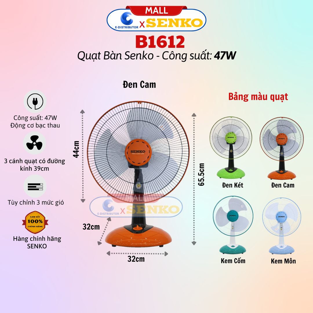 Quạt bàn b4 senko b1612 - công suất 47w - động cơ bạc thau êm ái - hàng chính hãng - bảo hành 24 tháng