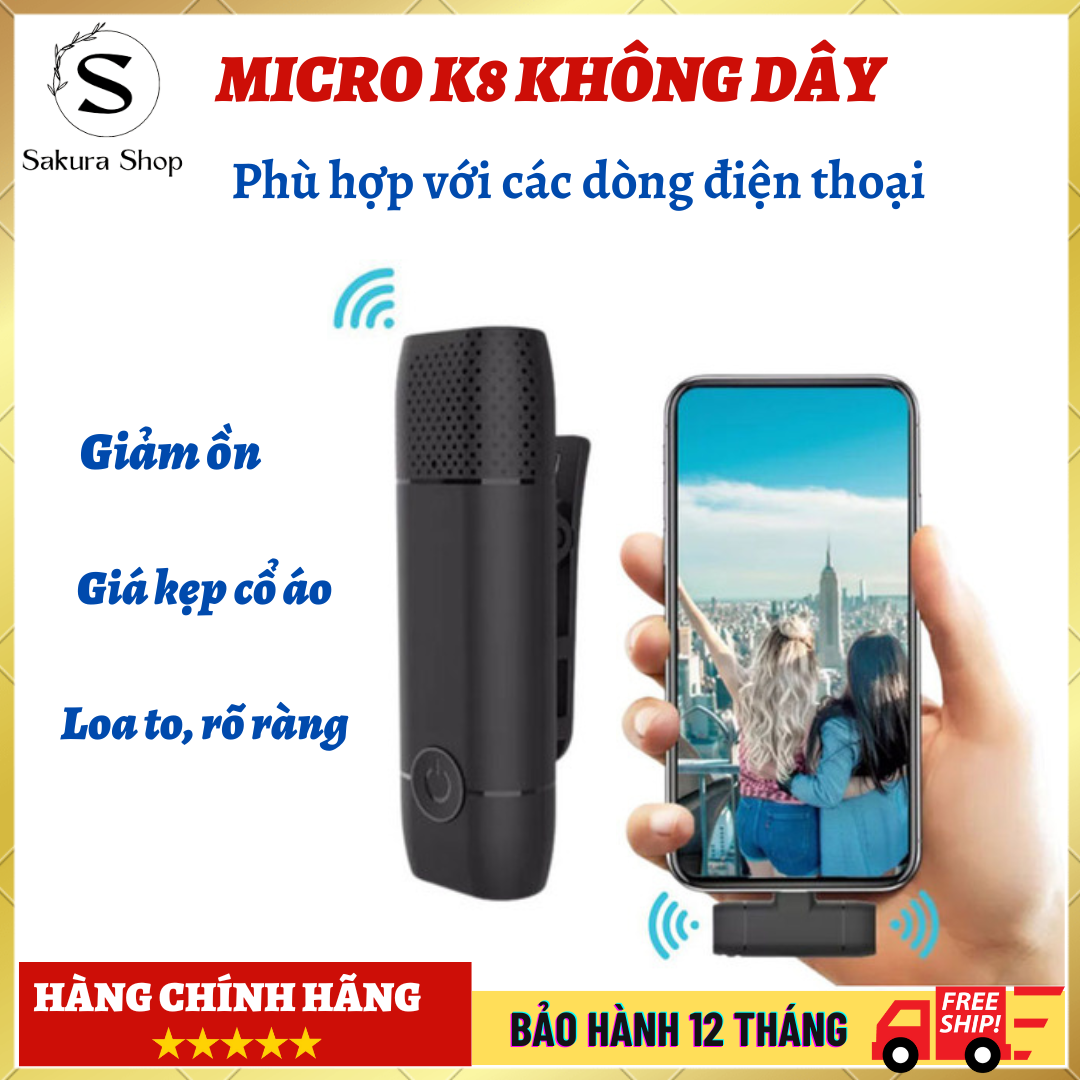 Mic thu âm K8-K9 chuyên nghiệp, mic livestream cài áo, kích thước nhỏ gọn, bắt âm tốt, bộ lọc giảm nhiễu, mic thu âm không dây tương thích nhiều thiết bị