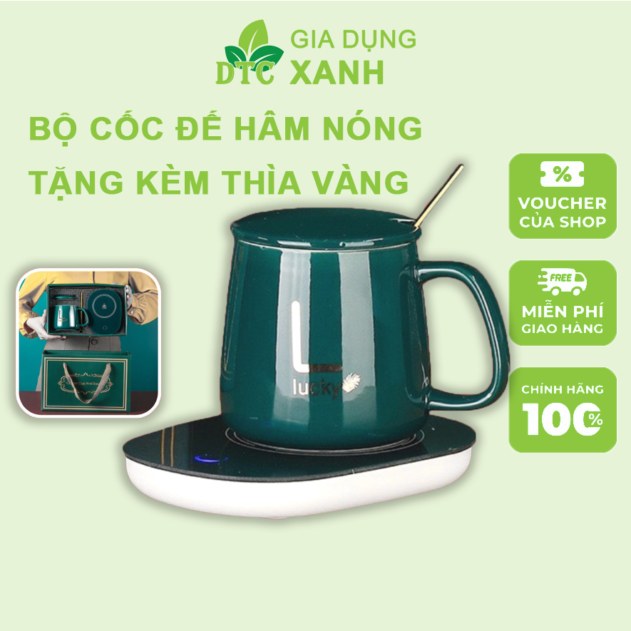 Cốc Hâm Nóng đồ uống kèm đế điện, Bộ ly sứ kèm đế điện hâm nóng trà, cafe, hâm sữa + Tặng kèm thìa vàng, cốc chưng yến