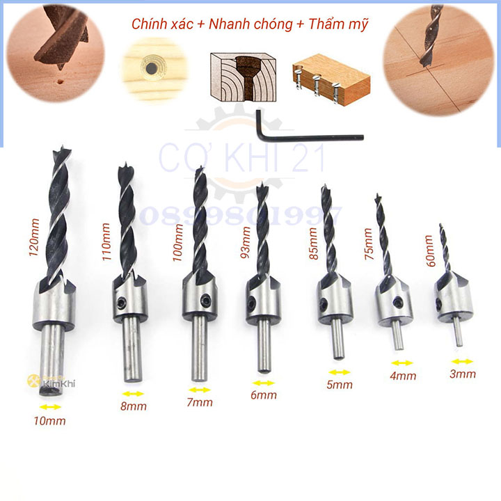 Bộ 7 mũi khoan gỗ doa lỗ vít-Mũi khoan âm gỗ