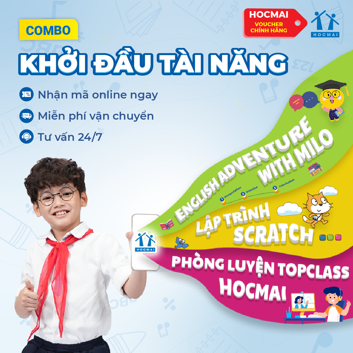 HOCMAI [Lớp 1-5] Combo Khởi Đầu Tài Năng:Khóa học ngữ pháp Tiếng Anh-Lập trình Scratch-Phòng luyện -Toàn quốc [Voucher]