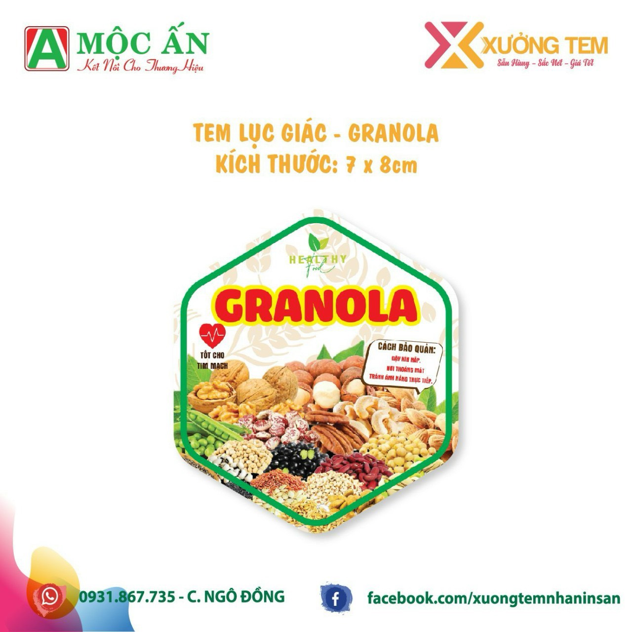 55 tem dán "granola" - lục giác 7x8cm