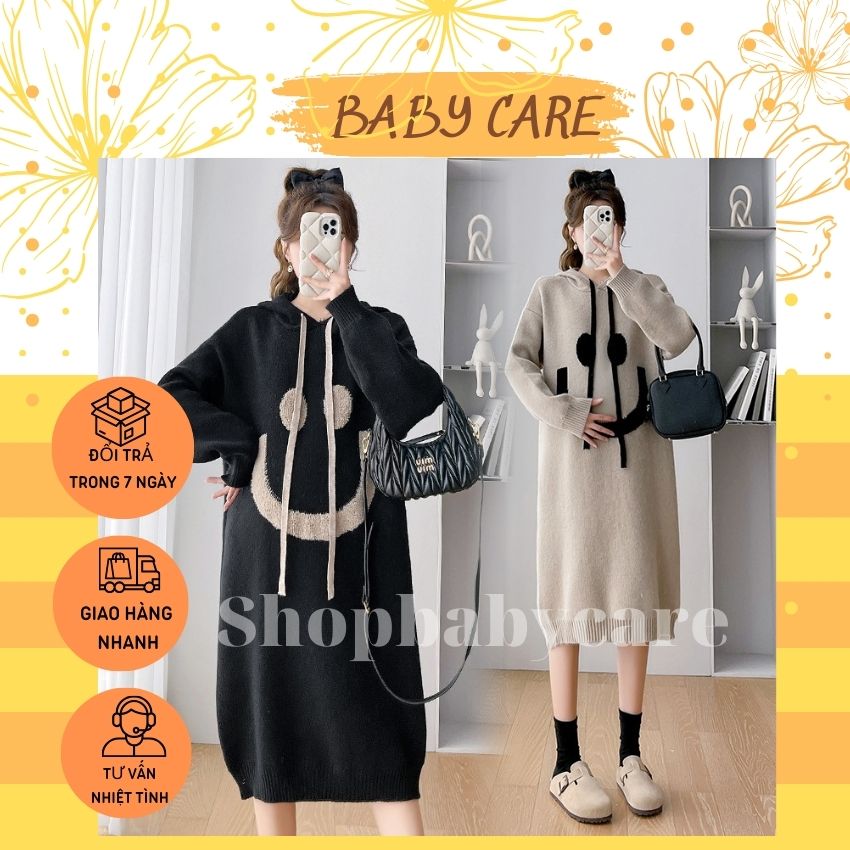 Váy bầu len hàng quảng châu chất len dệt m304 kiểu dáng hàn quốc- đầm bầu dáng xuông hình mặt cười trẻ trung
