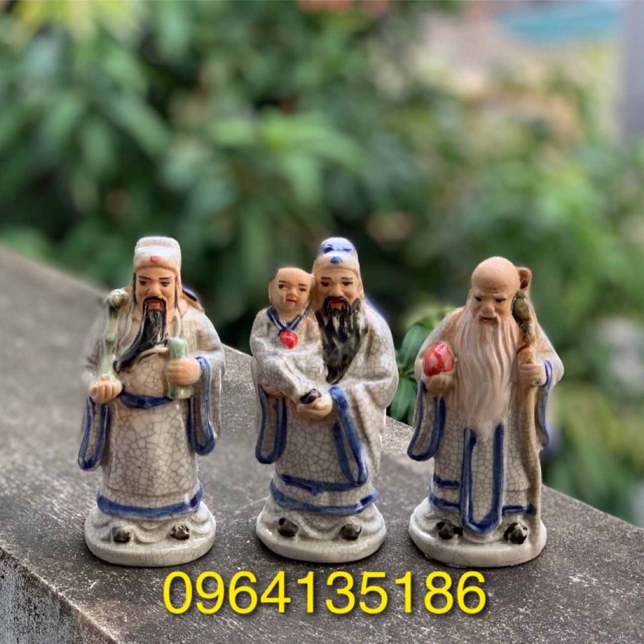Tượng tiểu cảnh tam đa Phúc Lộc Thọ men rạn h13,5cm gốm sứ Bát Tràng