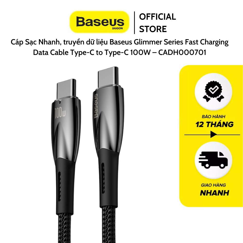 Cáp sạc nhanh, truyền dữ liệu baseus glimmer series fast charging data cable type-c to type-c 100w – cadh000701