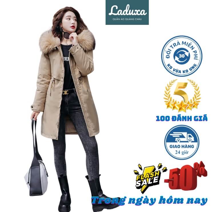 Áo khoác lót lông nữ Quảng Châu đẹp 2021, phong cách thời trang nữ Hàn Quốc dáng dài rút eo giữ dáng Laduxa ak102