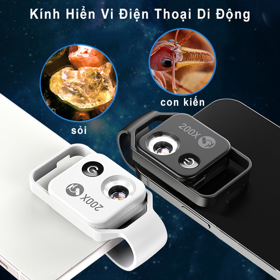 Kính lúp 200x kẹp điện thoại có đèn led tiện dụng - ống kính hiển vi phóng đại chuyên nghiệp cho điện thoại
