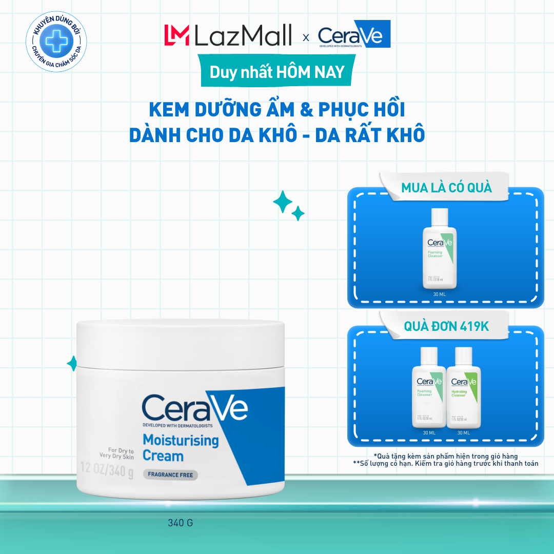 Kem dưỡng ẩm phục hồi sâu và ẩm mịn suốt 48H dành cho da khô, duy trì hàng rào bảo vệ da CERAVE MOISTURISING CREAM 340G